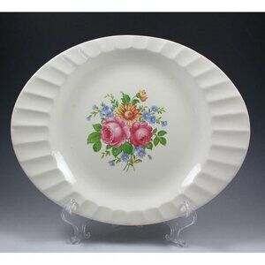 Cronin China Company Minerva Ohio Oval Platter Ribbed Rim Roses Bouquet Pattern